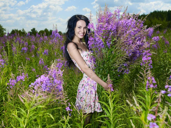 Giovane Bella Ragazza Raccoglie Fiori Nel Campo Una Donna Sexy — Foto Stock