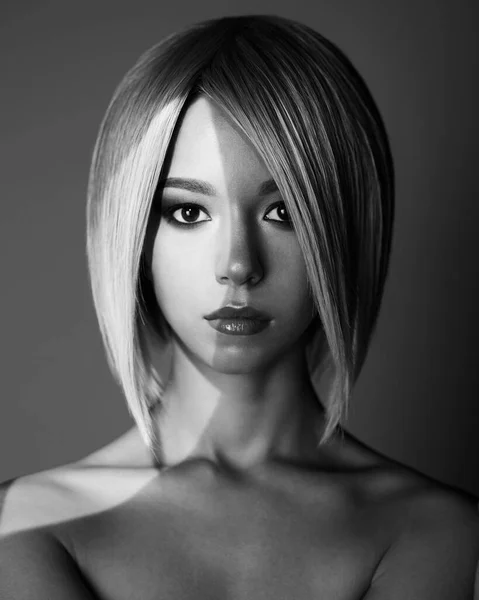 ブロンドの短い髪を持つ美しいアジアの女性のファッションスタジオの肖像画 ファッショナブルなヘアカット 白黒写真 — ストック写真