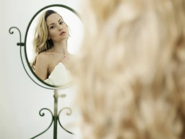 Nude Elegant Blonde Woman Pose Front Mirror Sexy Lady Classic Stock Image