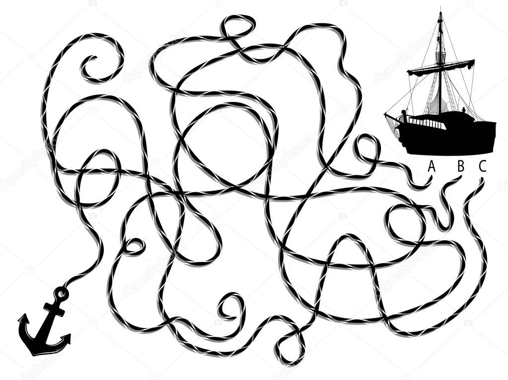 Black silhouette of maze with pirate ship and anchor