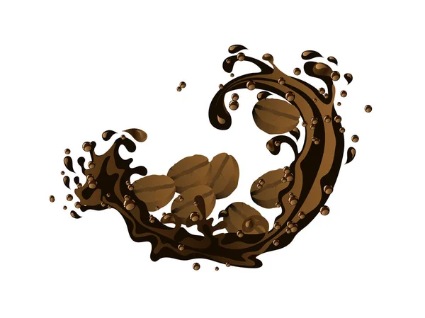 Grains Café Frais Dans Éclaboussure Chocolat — Image vectorielle