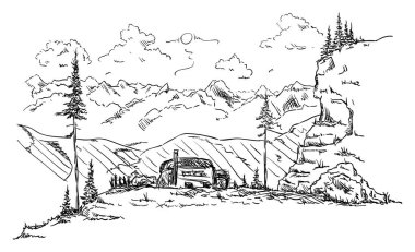 Vektör - doğadaki dağlarda kulübe