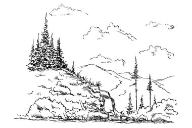 vektör - bahar, dağda - arkaplanda izole