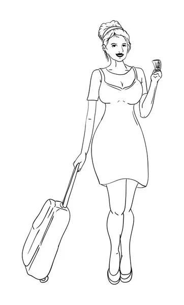 Wektor Travel Concept Młoda Kobieta Posiadający Bilety Białym Tle — Wektor stockowy