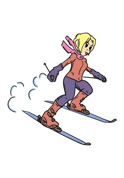 Vector Young Woman Skiing Isolated Background — Stock Vector