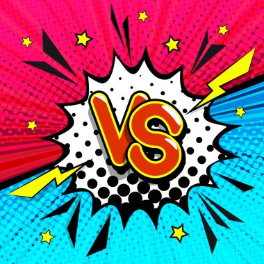 Vs - çizgi gölgeler ile yazı retro noktalı resim deseni retro afiş arka plan üzerinde. Yazıt ile patlama bulutu: karşı. Parlak vektör çizim vintage pop sanat tarzı.