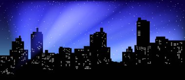 Cityscape siyah silüeti. Arama ışıkları gece gökyüzünde demeti.