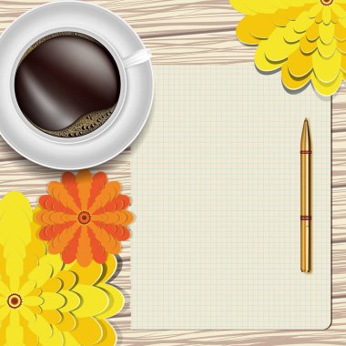 Bir fincan kahve, çiçek, kalem ve kağıt üzerinde ahşap bir masa. Çiçek kartpostal. Vektör düz yatıyordu tasarım.