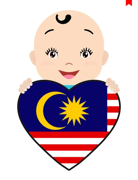 Rostro Sonriente Niño Bebé Una Bandera Malasia Forma Corazón Símbolo — Vector de stock