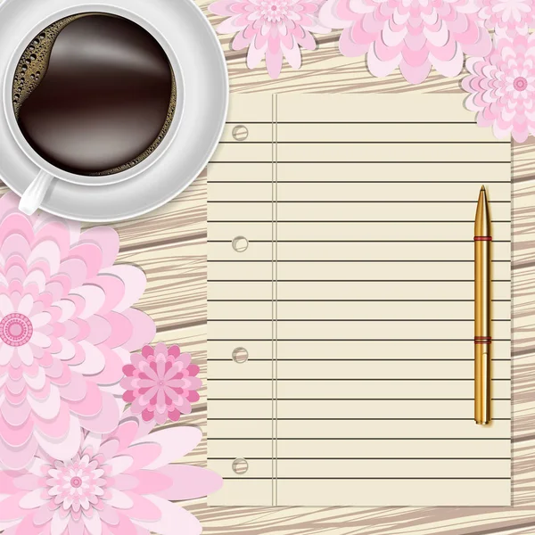 Filiżankę Kawy Kwiaty Pióro Papier Drewnianym Stole Kwiatowy Kartkę Życzeniami — Wektor stockowy