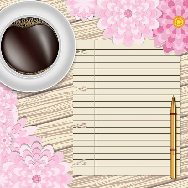 Filiżankę Kawy Kwiaty Pióro Papier Drewnianym Stole Kwiatowy Kartkę Życzeniami — Wektor stockowy