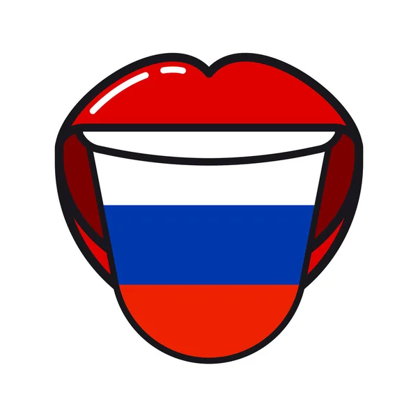 Ρωσική γλώσσα με σημαία Ρωσίας Ανοίξτε γυναίκα χαμόγελο στόμα επίπεδη εικονίδιο — Διανυσματικό Αρχείο