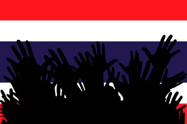 Siluetleri Tayland bayrağı Kaldır ellerini. Fanlar futbol, oyun, bir partide neşeli insanlar kalabalık. Vektör kartý, afiş, poster.