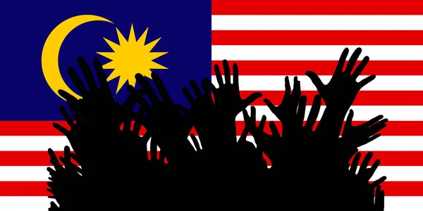 マレーシアの国旗にシルエットを手 サッカー ゲーム パーティーで陽気な人々 のファンの群集 ベクトル バナー カード ポスター — ストックベクタ