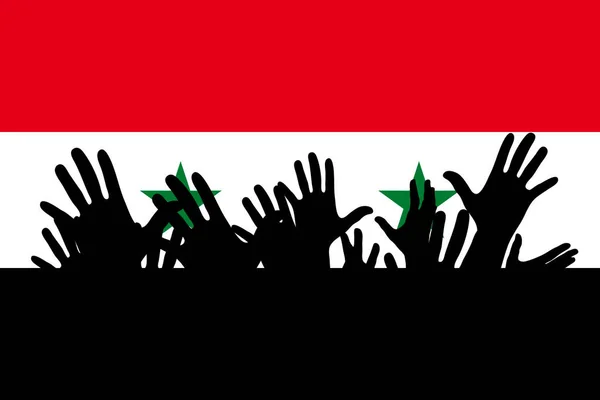 Handen Omhoog Silhouetten Een Vlag Van Syrië Menigte Van Fans — Stockvector