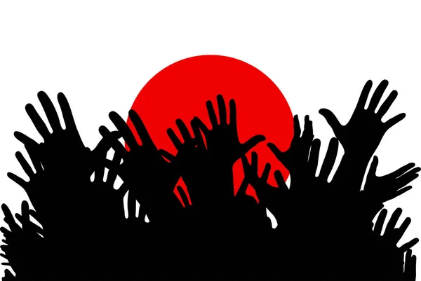 Mãos Para Cima Silhuetas Uma Bandeira Japão Multidão Torcedores Futebol — Vetor de Stock