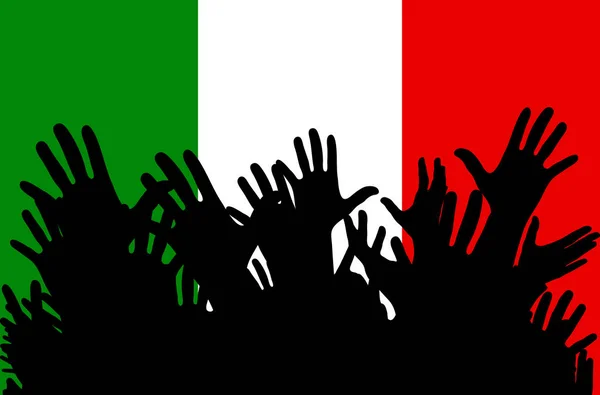 Handen Omhoog Silhouetten Een Vlag Van Italië Menigte Van Fans — Stockvector