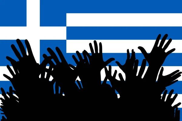 在希腊国旗上举起剪影 一群球迷的足球 欢快的人在一个聚会上 矢量横幅 — 图库矢量图片