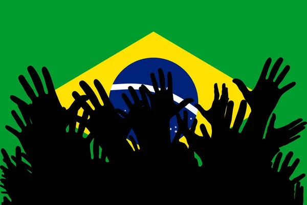 Manos Arriba Siluetas Una Bandera Brasil Multitud Fanáticos Del Fútbol — Archivo Imágenes Vectoriales