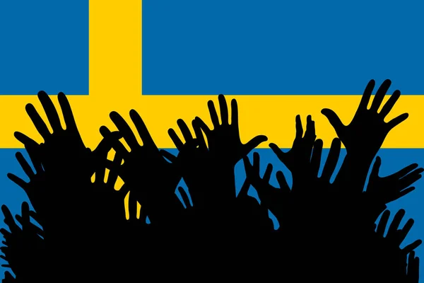 Hands Silhouettes Sweden Flag Crowd Fans Soccer Games Cheerful People — Stock Vector