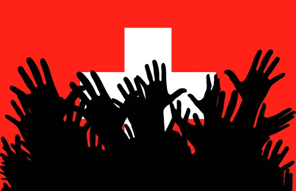 Siluetleri Sviçre Bayrağı Kaldır Ellerini Fanlar Futbol Oyun Bir Partide — Stok Vektör