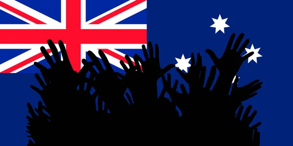 オーストラリアの旗のシルエットの手 サッカー ゲーム パーティーで陽気な人々 のファンの群集 ベクトル バナー カード ポスター — ストックベクタ