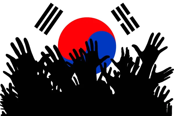 Handen Omhoog Silhouetten Een Vlag Van Zuid Korea Menigte Van — Stockvector