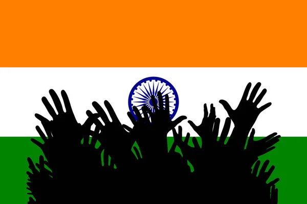 Handen Omhoog Silhouetten Een Vlag Van India Menigte Van Fans — Stockvector