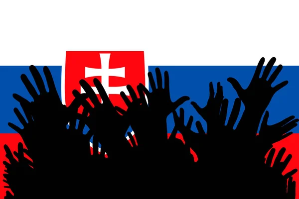 スロバキアの旗のシルエットの手 サッカー ゲーム パーティーで陽気な人々 のファンの群集 ベクトル バナー カード ポスター — ストックベクタ