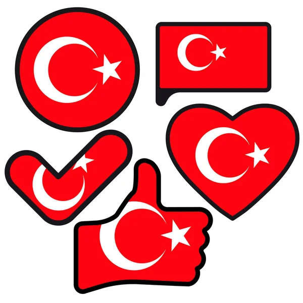 Bandera Turquía Forma Botón Corazón Gusta Marca Verificación Estilo Plano — Archivo Imágenes Vectoriales