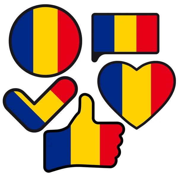 Bandera Rumania Forma Botón Corazón Gusta Marca Verificación Estilo Plano — Vector de stock