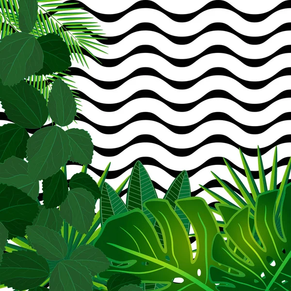Tropiska Löv Bakgrund Med Geometriska Element Vektor Blommönster Modetrend — Stock vektor