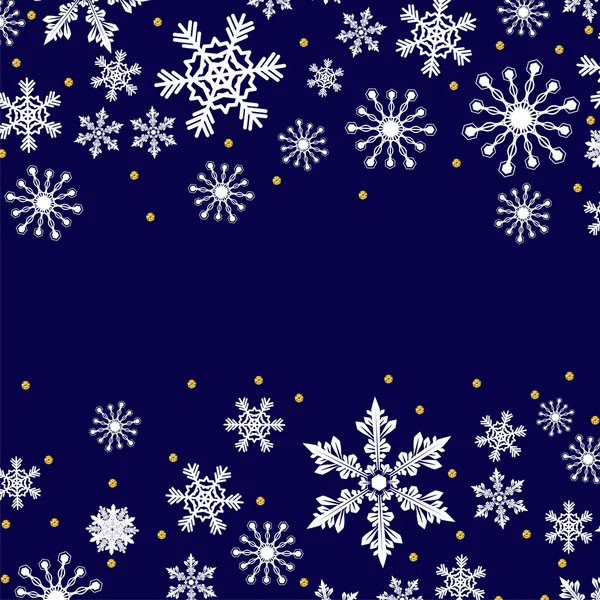 Weihnachtsmuster Aus Weißen Schneeflocken Und Goldenen Punkten Vektor Winter Dunkelblauer — Stockvektor