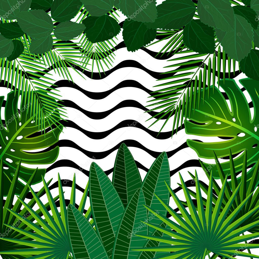 Tropical leaves background with geometric elements, vector floral patterns fashion trend.