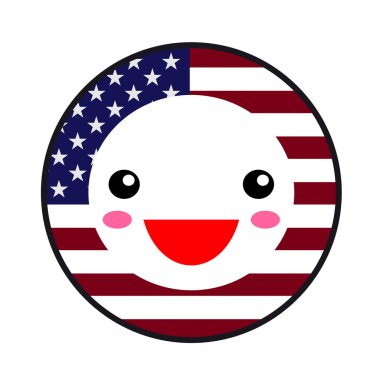 Kawaii ABD bayrak gülümseyin. Düz stil. Sevimli çizgi izole eğlenceli ifade yüz tasarlayın. Vektör sanat anime illüstrasyon kutlama tatil dekorasyon öğesi için. Kartvizit şablon simgesi ile.