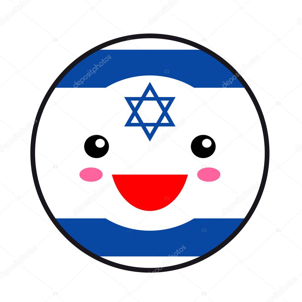 Kawaii Israel flag smile. Flat style. Cute cartoon isolated fun design emoticon face. Vector art anime illustration for celebration holiday decoration element. Business card with template icon.