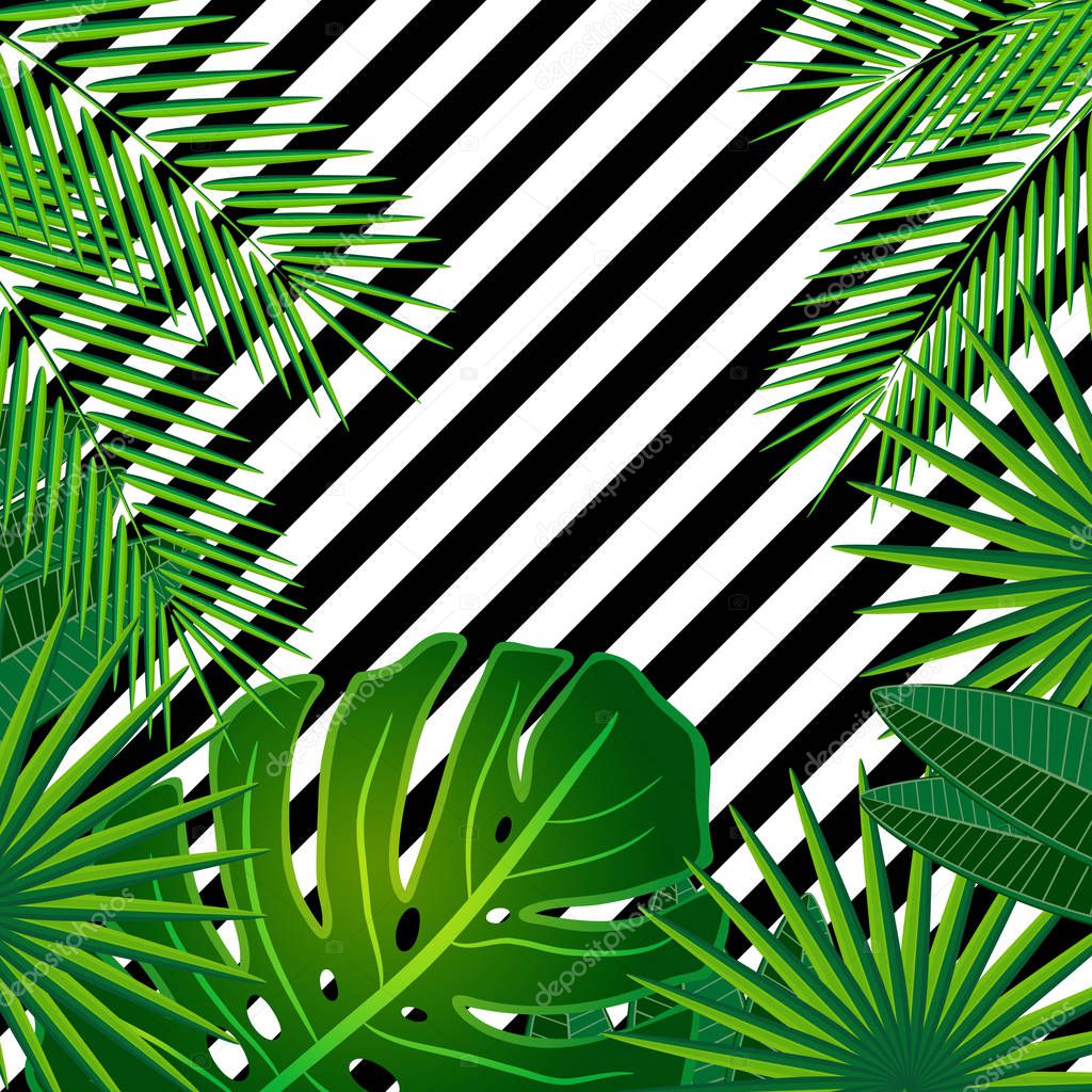 Tropical leaves background with geometric elements, vector floral patterns fashion trend.