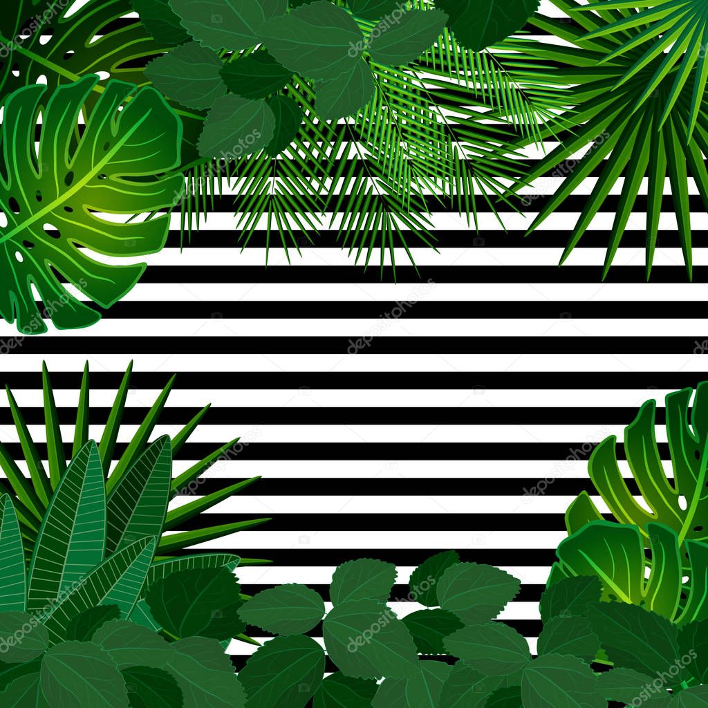 Tropical leaves background with geometric elements, vector 