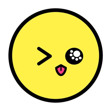 Düz kawaii emoji surat. Sevimli komik çizgi film karakteri. Basit çizgi sanat ifadeleri web simgesi. Duygusal Çıkartma. Vektör grafik illüstrasyonu.