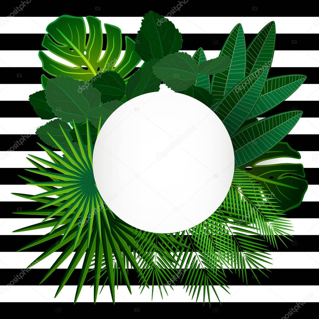 Tropical leaves background with geometric elements, vector flora