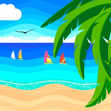 Deniz manzarası: kumlu sahil, okyanusta yatlar, palmiye yaprakları, yaz gökyüzü.