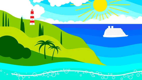 Landscape: lighthouse on the cape, ocean liner in the ocean, sunny summer sky.