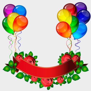 Doğum günü partisi vektör geçmişi - renkli şenlik balonları, gül çiçekleri, kutlama kartı için uçan kurdeleler izole edilmiş beyaz arka planda senin için yer var.