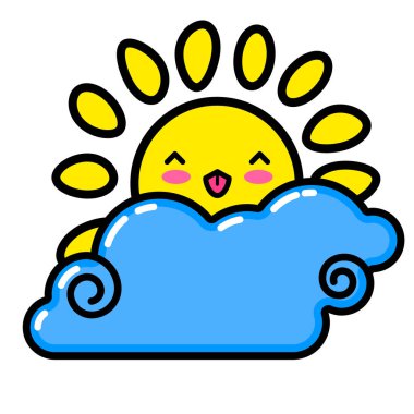 Kawai Sun, Bulut. İşaret, sembol, ağ ögesi. Sosyal medya ikonu. İş konsepti. Dövme şablonu. Çizgi çalışması. Web sitesi resim grafiği.