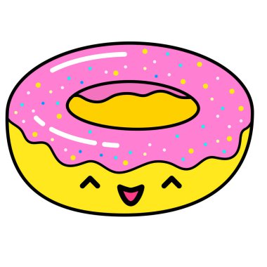 Kawai Donut. İşaret, sembol, ağ ögesi. Sosyal medya ikonu. İş konsepti. Dövme şablonu. Çizgi çalışması. Web sitesi resim grafiği.