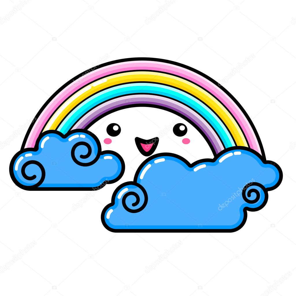 Kawai Cloud,  Rainbow. Sign, symbol, web element. Social media icon. Business concept. Tattoo template. Line art. Website pictogram.