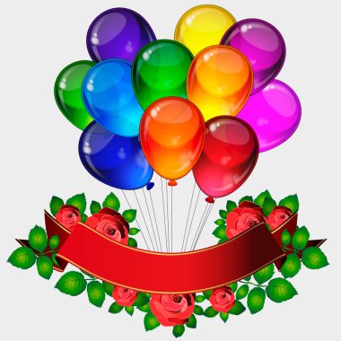 Doğum günü partisi vektör geçmişi - renkli şenlik balonları, gül çiçekleri, kutlama kartı için uçan kurdeleler izole edilmiş beyaz arka planda senin için yer var.