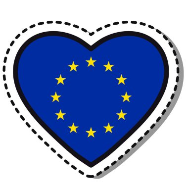 Beyaz arka planda Avrupa Birliği 'nin kalp çıkartması var. Klasik vektör aşk rozeti. Şablon tasarım elemanı. Ulusal gün. Seyahat işareti.