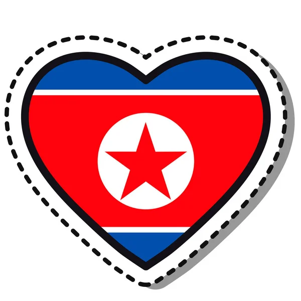 Flagga Nordkorea Hjärta Klistermärke Vit Bakgrund Vintage Vektor Kärlek Bricka — Stock vektor