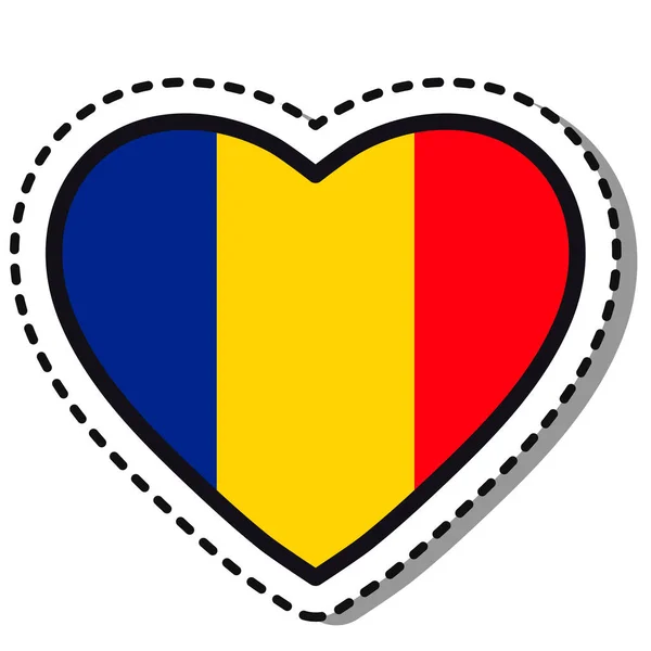 Drapeau Autocollant Coeur Roumanie Sur Fond Blanc Insigne Amour Vectoriel — Image vectorielle